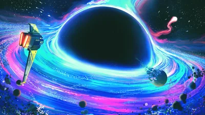 A dark sphere sits at the centre of a swirling accretion disc painted in pink, blue and violet, small planets scattered around the rim.