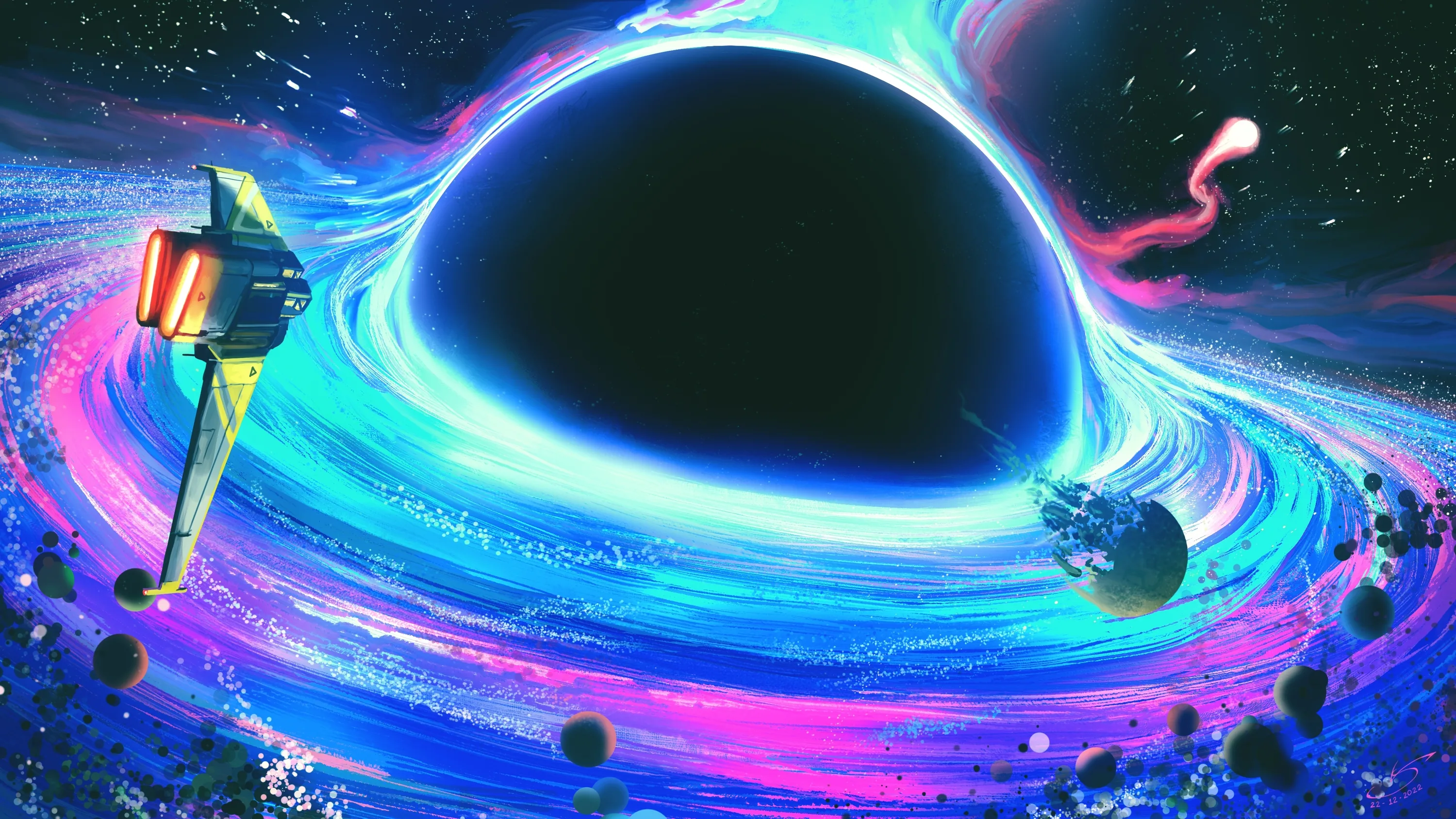 A dark sphere sits at the centre of a swirling accretion disc painted in pink, blue and violet, small planets scattered around the rim.