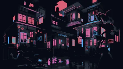 A flat-style town at night, windows and shop signs in pink and blue over black walls, their glow doubled in the wet street below.