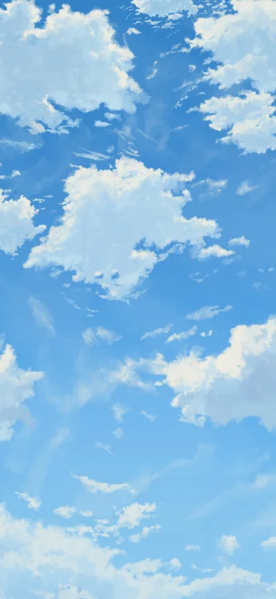 Painted anime-style clouds scattered across a bright blue sky, brushwork visible in every cloud edge — the look of a summer afternoon scene.