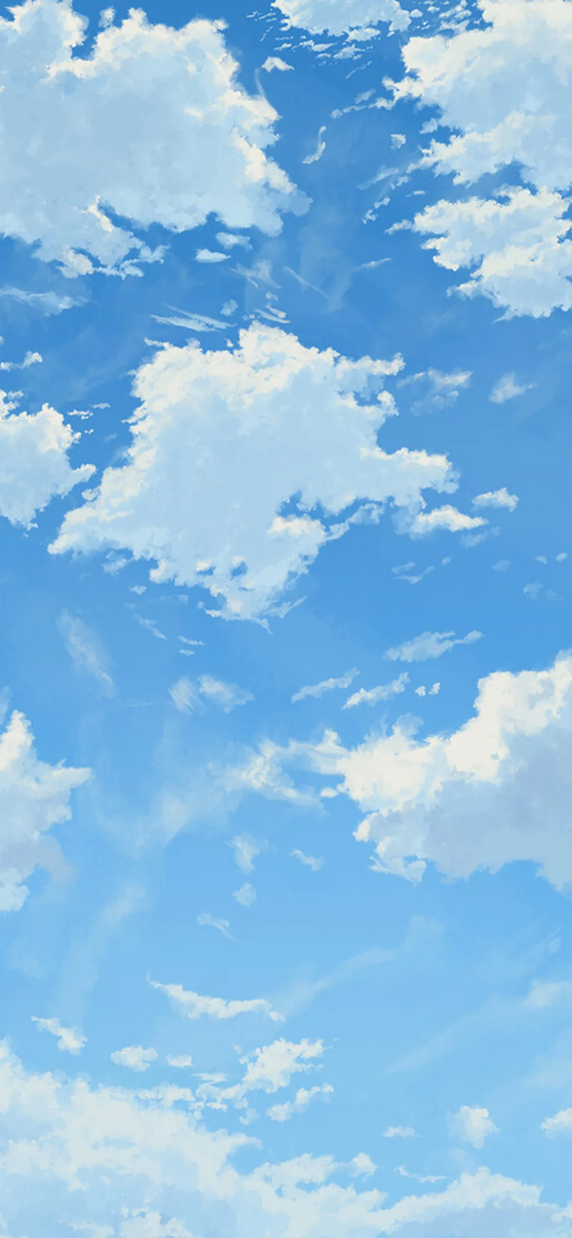 Painted anime-style clouds scattered across a bright blue sky, brushwork visible in every cloud edge — the look of a summer afternoon scene.