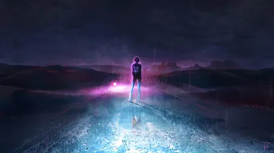 A small figure trails pink light across a cracked ice plain, dark mountains and a heavy storm sky closing in behind.