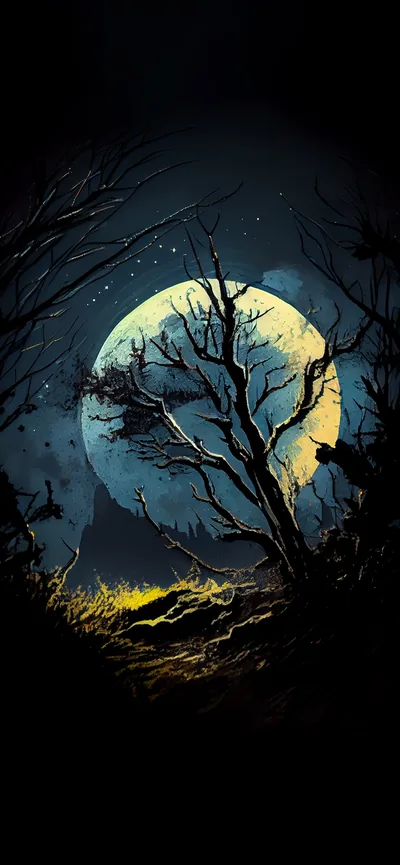 Gnarled bare branches cut across a huge pale blue moon while amber light rakes the grass along the bottom, both upper corners staying black.