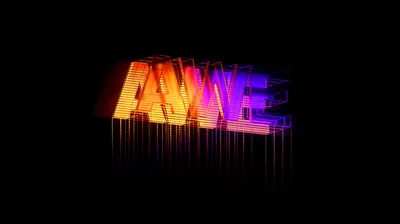 The word AWE burns in orange fading to purple, with fine strands of light dripping from the letters into black.
