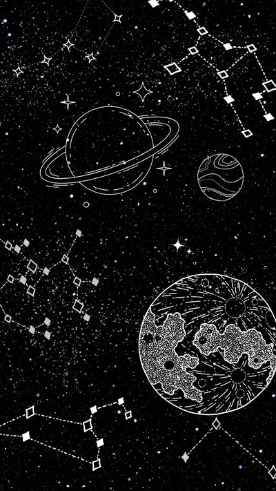 White line drawings of a ringed planet, a cratered moon and joined star maps float on a speckled black field, spaced loosely for phone icons.