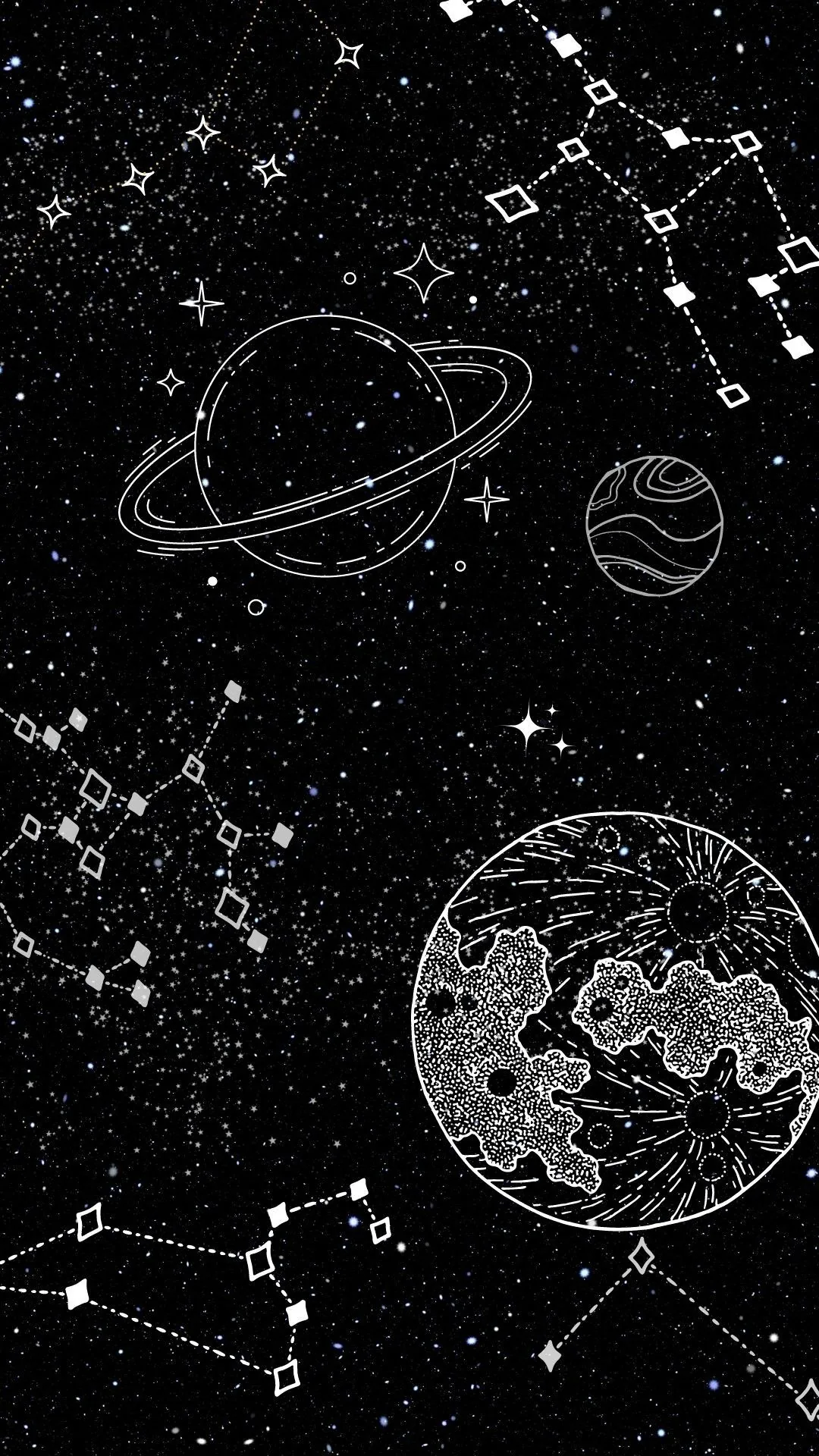 White line drawings of a ringed planet, a cratered moon and joined star maps float on a speckled black field, spaced loosely for phone icons.