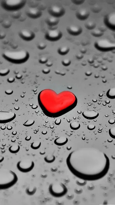One small red heart sits among scattered water droplets on grey glass, each bead throwing its own tiny shadow across the surface.
