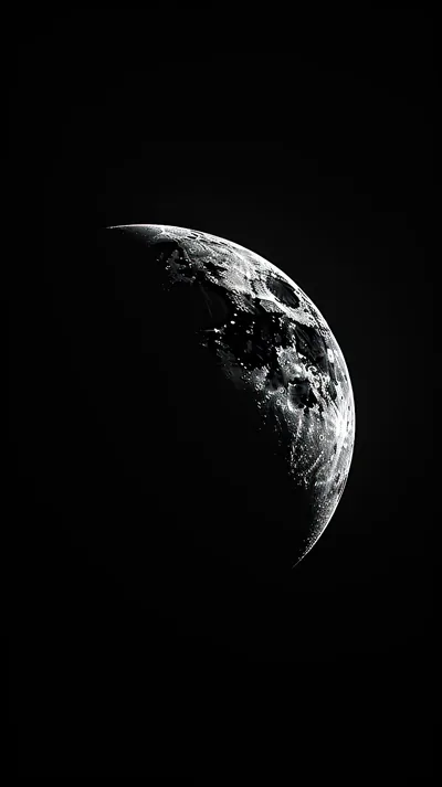 The moon sits high in the frame with only its right crescent lit, craters sharp along the terminator and everything else pure black.