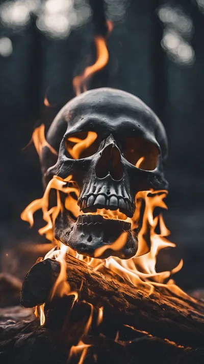 A charred skull rests on a split log with flames licking around the jaw, the forest behind it blurred into blue dusk.