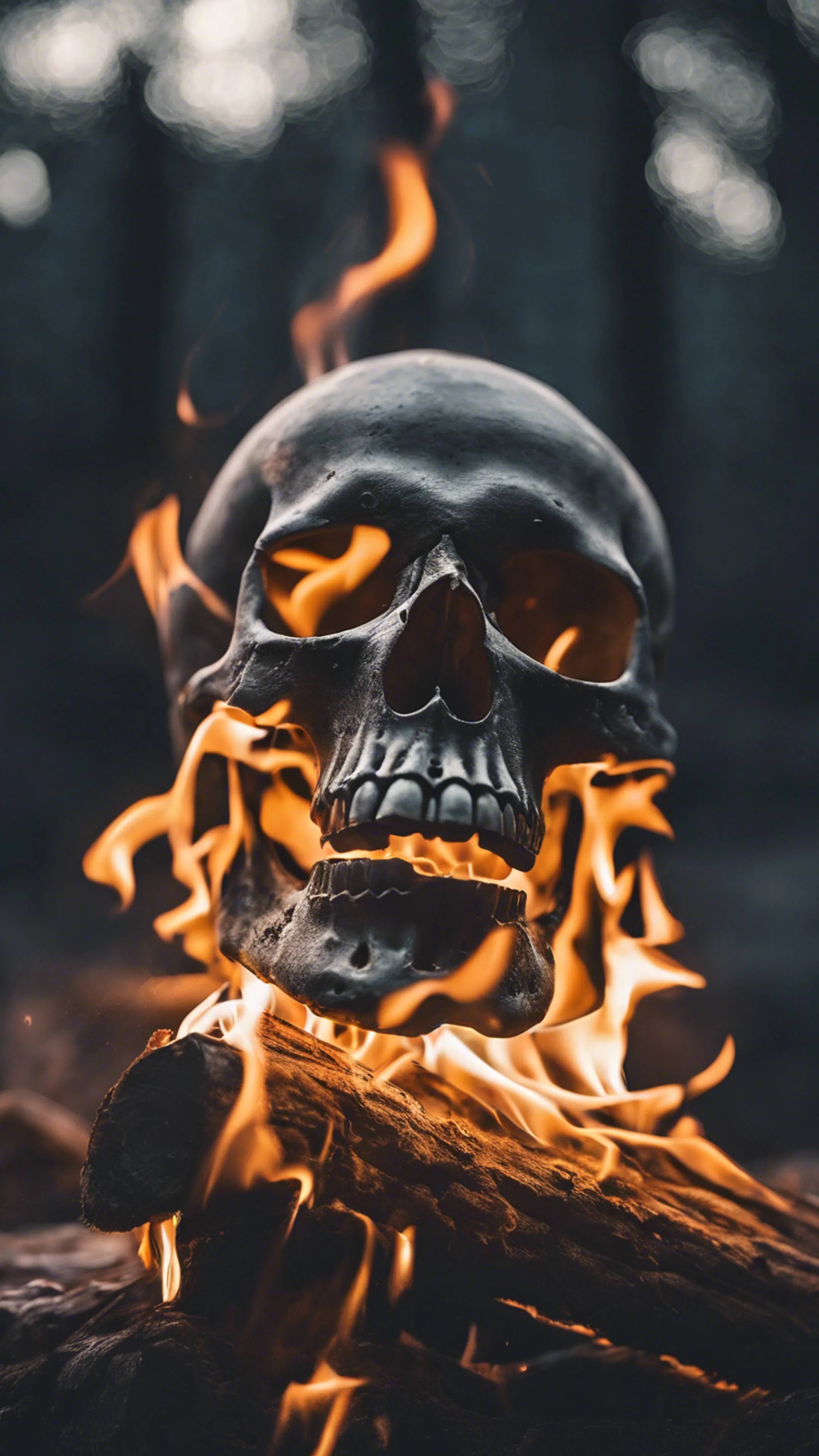 A charred skull rests on a split log with flames licking around the jaw, the forest behind it blurred into blue dusk.