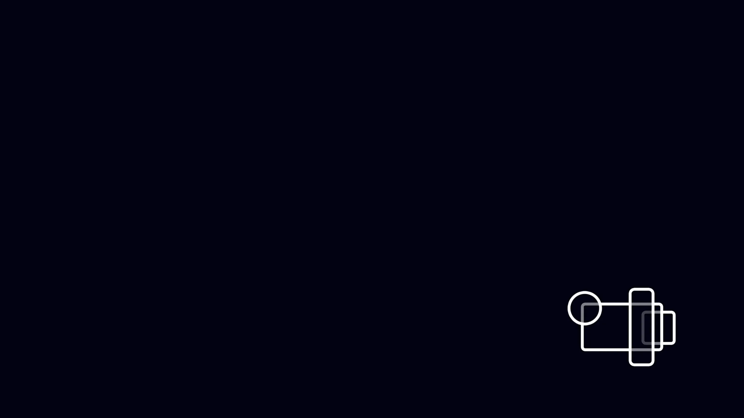 A small outlined mechanical shape sits low in the right corner of a deep blue-black field, the rest of the frame left completely empty.
