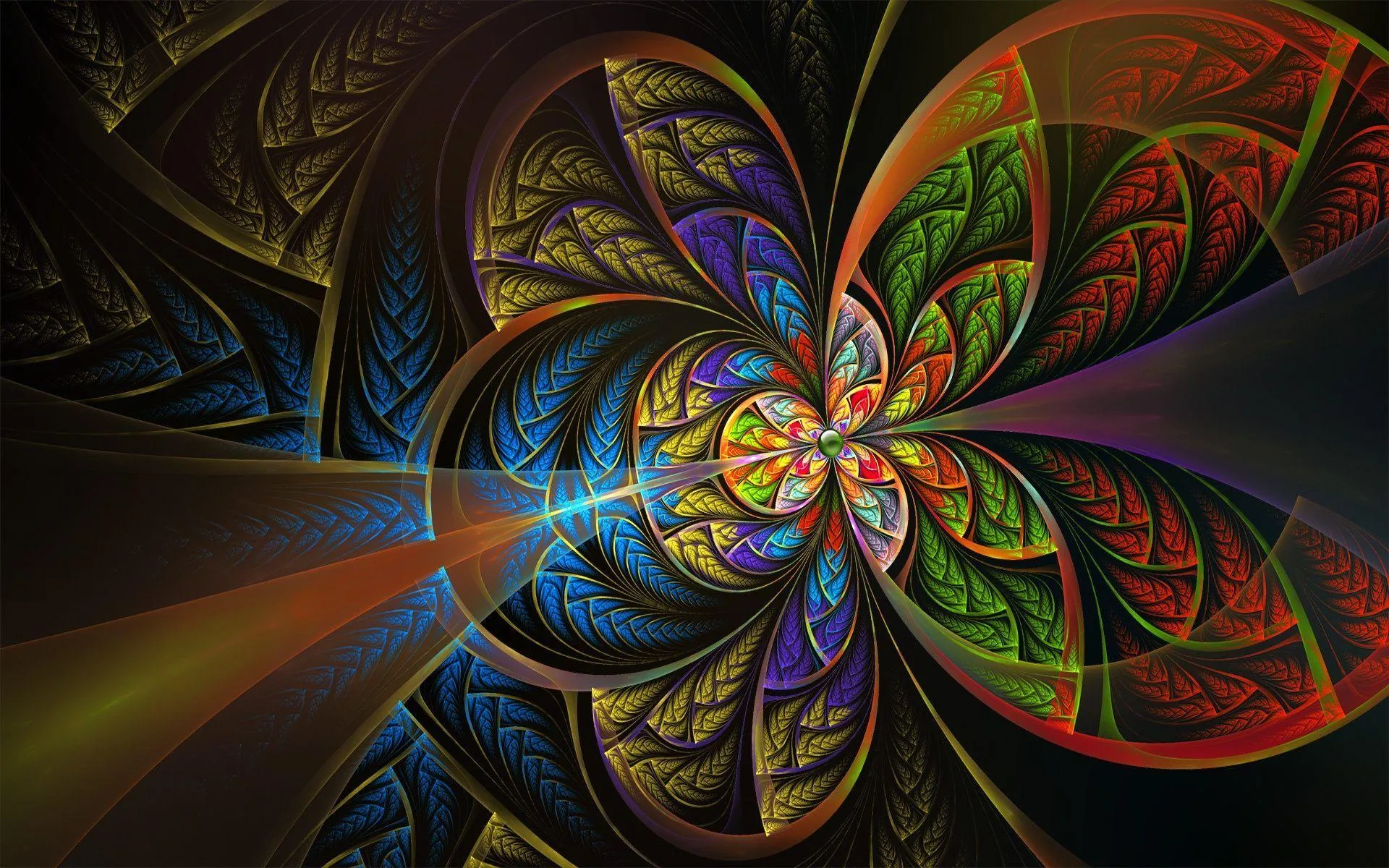 Spirals patterned like stained-glass leaves unfurl from a bright core, red and green wings set against black corners that keep a desktop's edges calm.