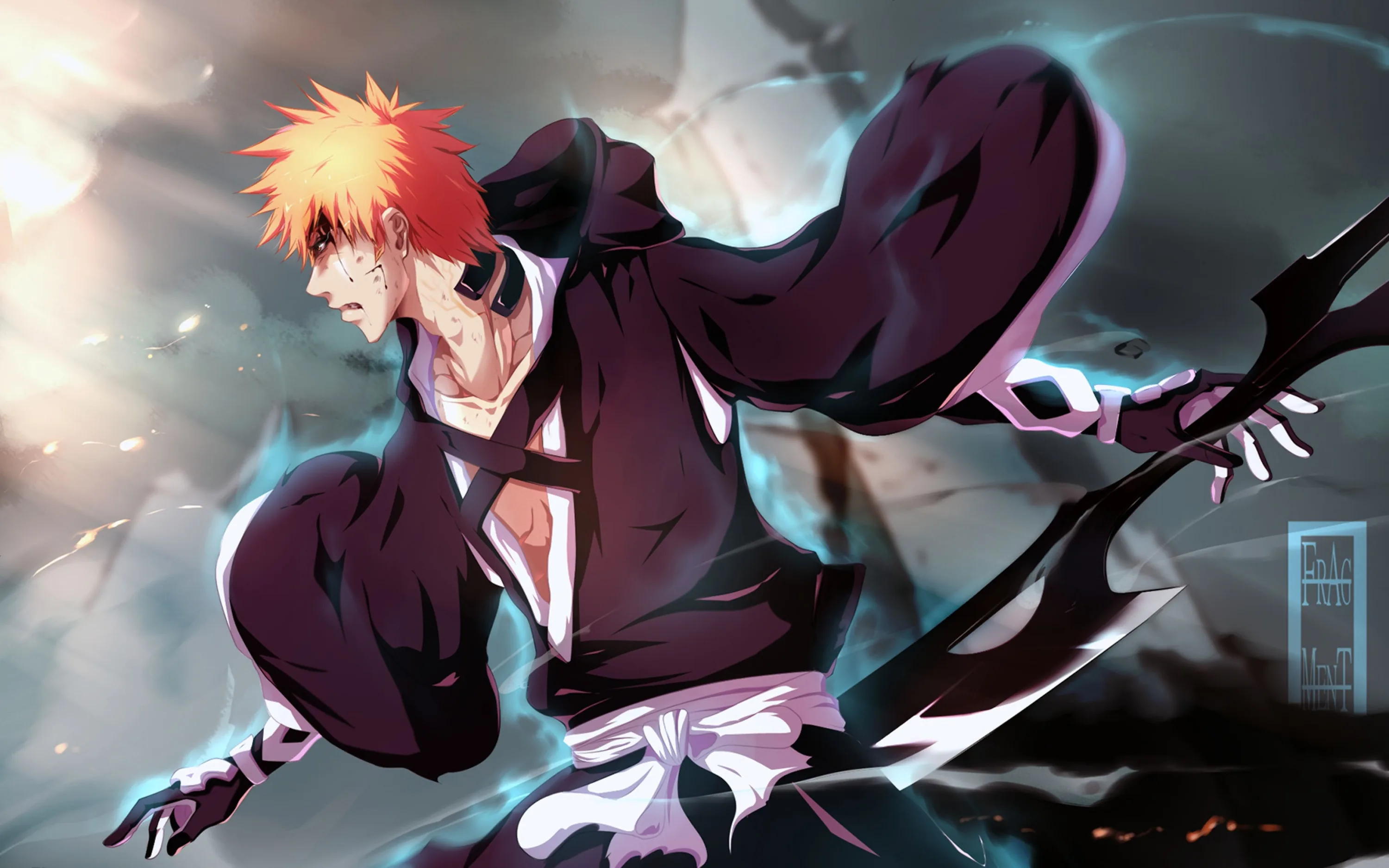 Ichigo of Bleach turns mid-swing in his black shihakusho, orange hair and pale eyes lit by the teal energy trailing off his sword.