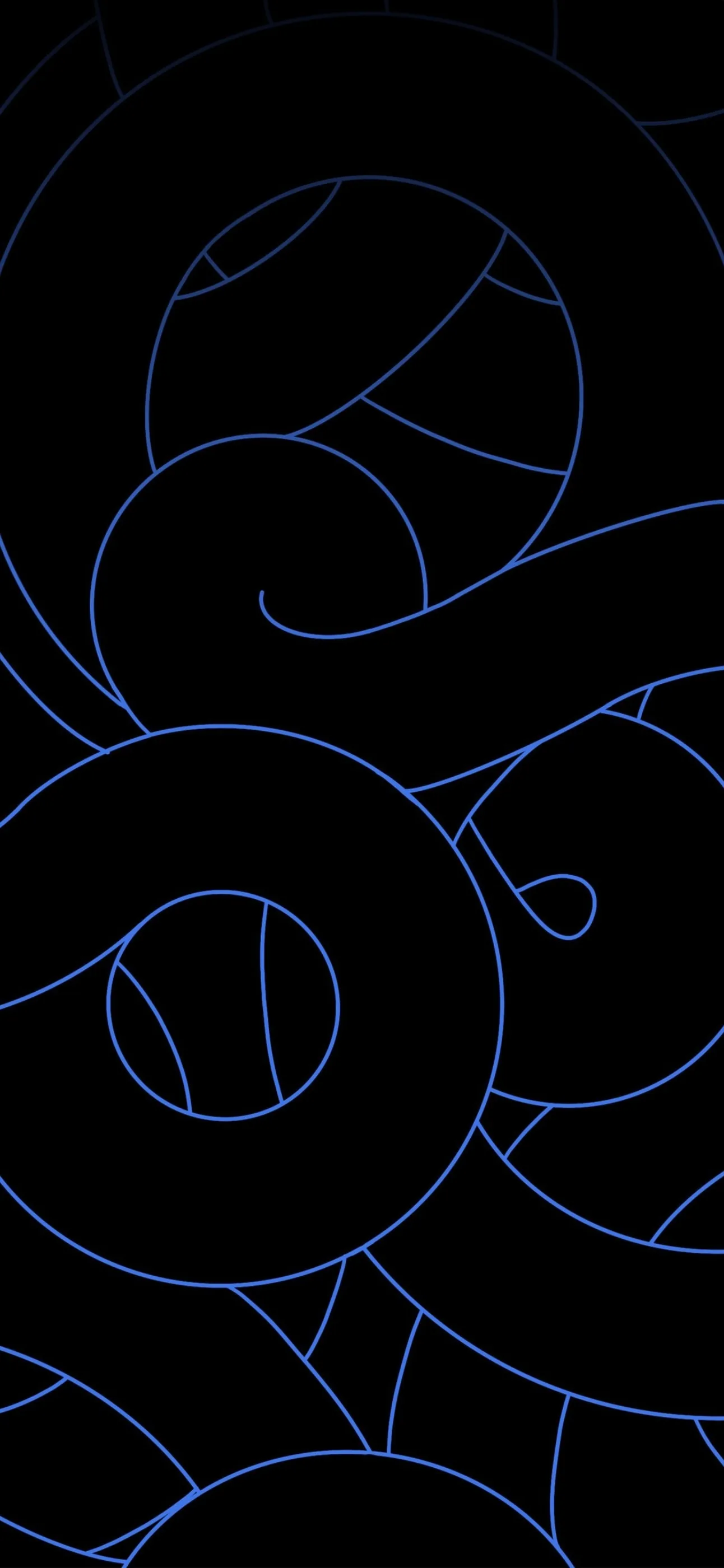 Thin periwinkle lines trace big overlapping coils down a black portrait frame, the unlit gaps between curves wide enough for app icons to sit cleanly.