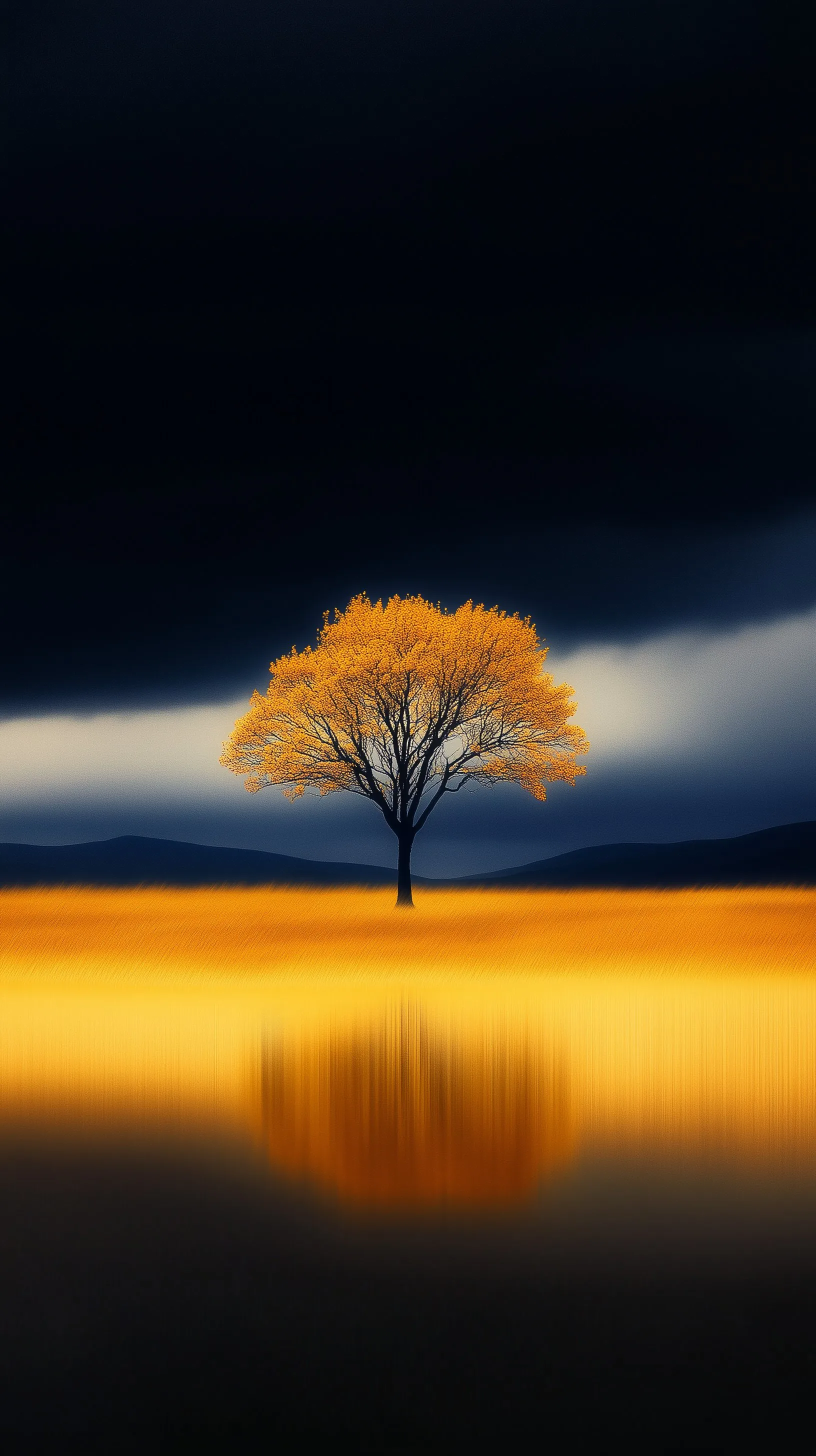 One amber-leaved tree glows between a near-black storm sky and its mirrored gold reflection; the dark upper third keeps a phone clock easy to read.