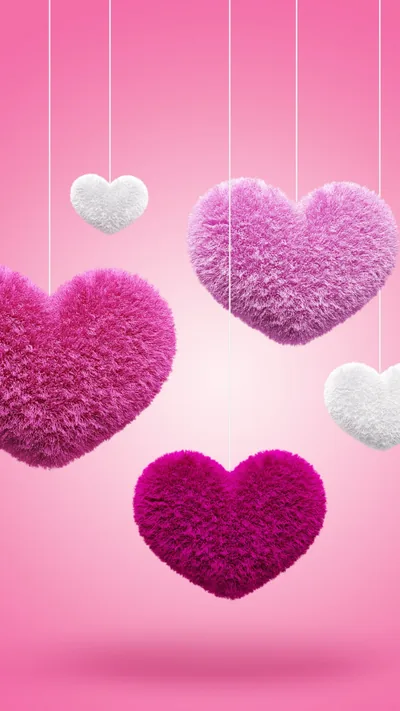 Furry hearts in magenta, pink and white hang from thin strings against a soft pink backdrop, lit evenly from the front.