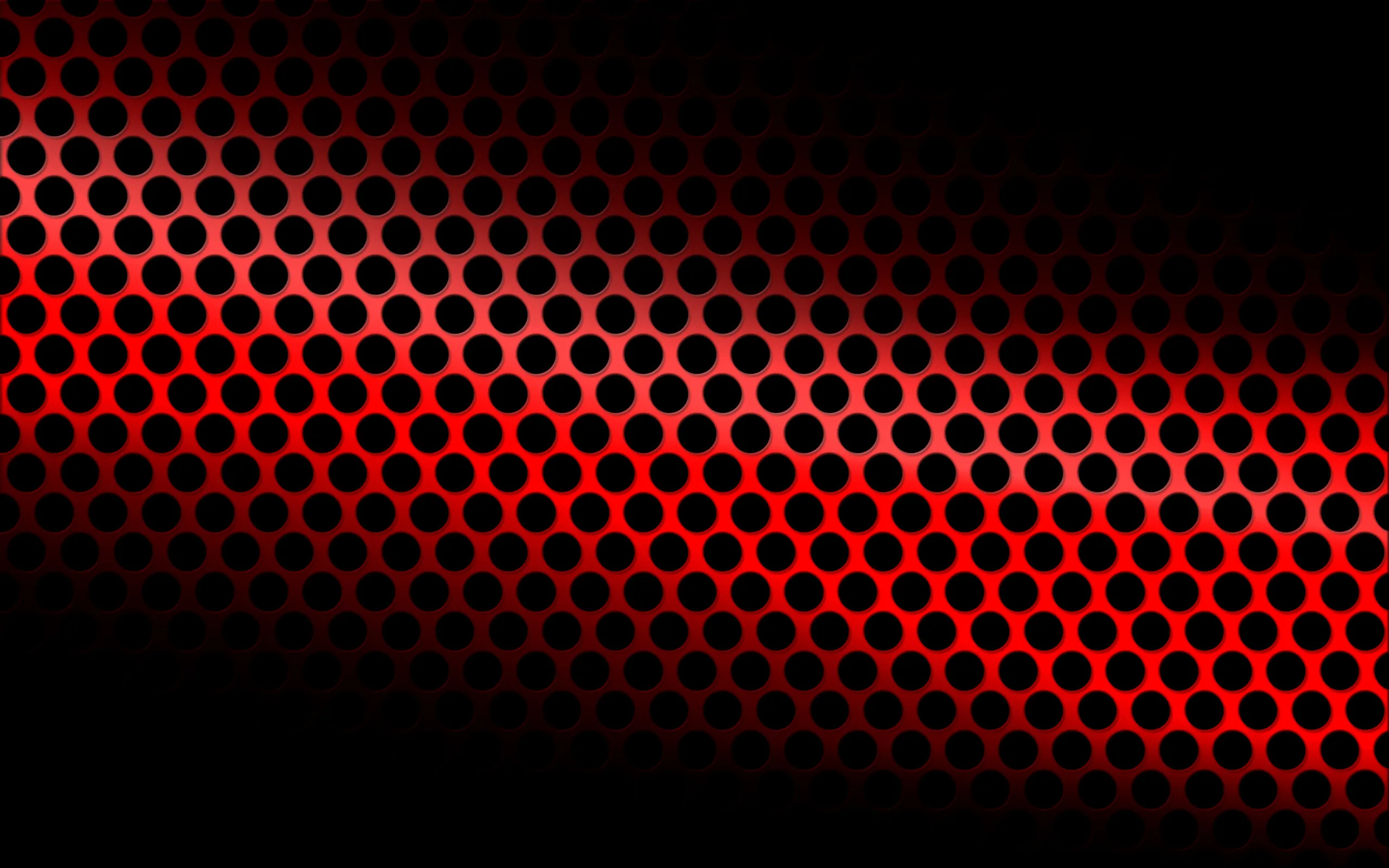A field of circular perforations lit in red curves across dark metal, the holes fading into black toward the top and bottom edges.