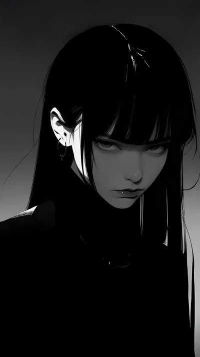 Straight bangs and long dark hair swallow most of the frame in greyscale, only her cheekbone and one ear picked out by a soft light from the left.