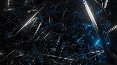 Hundreds of thin metal rods cross at random in a dark space, small blue lights caught between them at the joints.