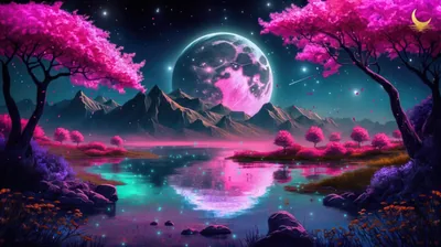 Neon-pink blossom trees frame a cratered moon above a mountain lake in this fantasy digital scene, every colour doubled in the water below.