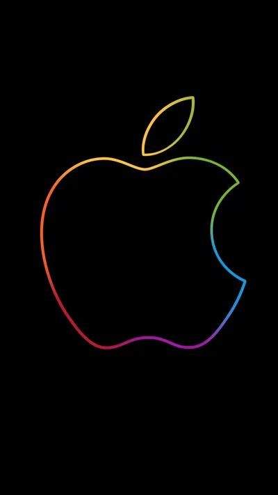 The Apple logo drawn as a thin outline that shifts through blue, green, orange and pink, centred on a flat black field.