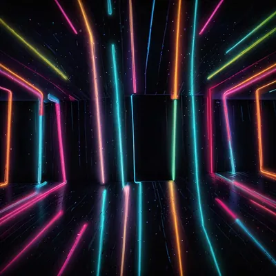 Coloured neon tubes line the walls and floor of a dark room, doubling in the polished surface underfoot.