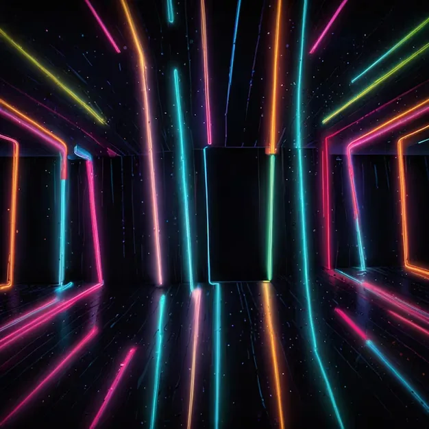 Coloured neon tubes line the walls and floor of a dark room, doubling in the polished surface underfoot.