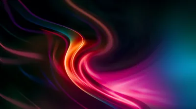 Ribbons of pink and orange light curve diagonally through darkness, a patch of teal glow rising from the right edge of the frame.
