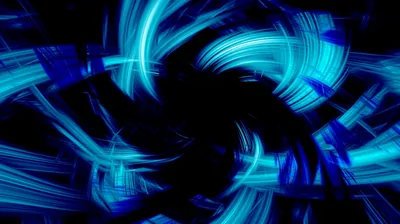 Blades of cyan and white light spin around a black core just left of centre, the darkest patch landing where a lock-screen clock usually sits.