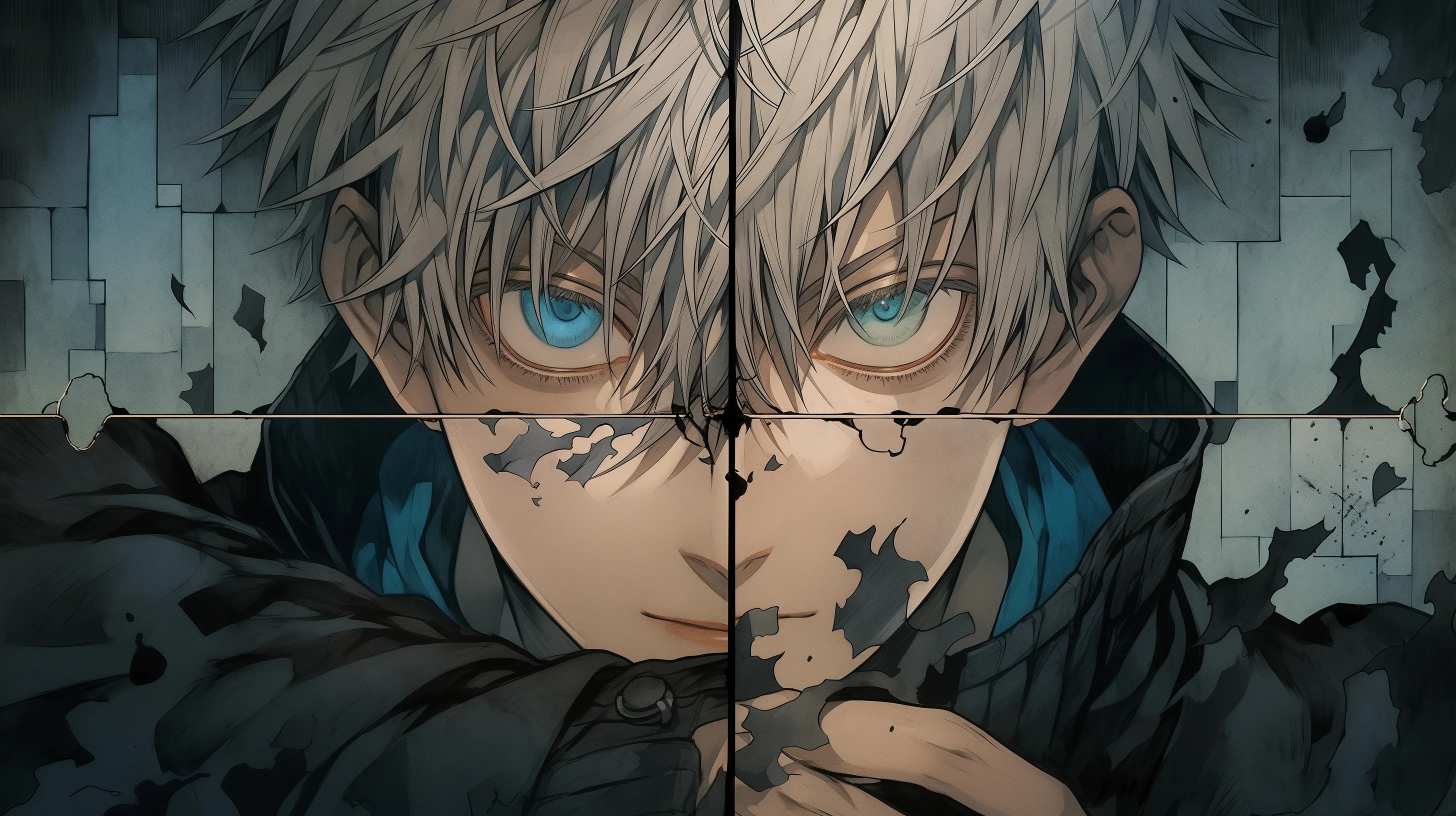 A close portrait split by a fracture line, chunks of grey wall breaking away from his face while both blue eyes stay locked forward.