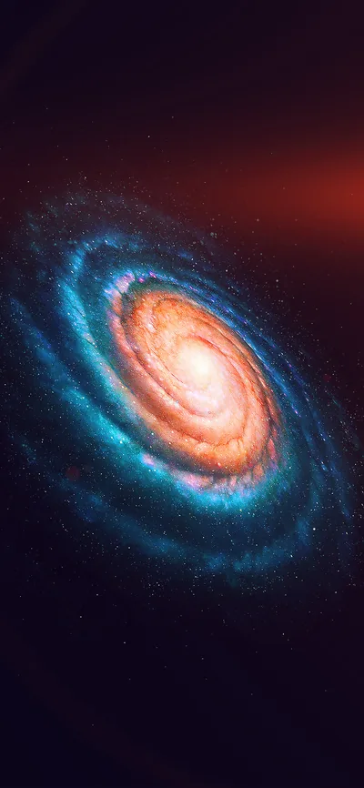 A spiral galaxy tips towards the viewer with a copper core and teal outer arms, a faint red glow bleeding in from the top right.