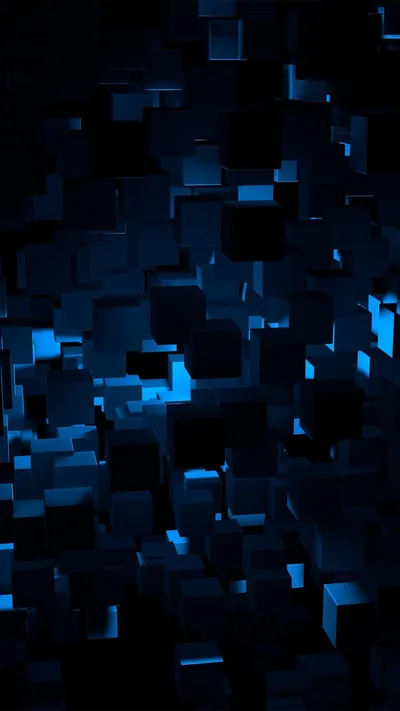 A wall of protruding dark blocks fills the frame, blue light catching random faces near the middle while the lower corners stay dim.