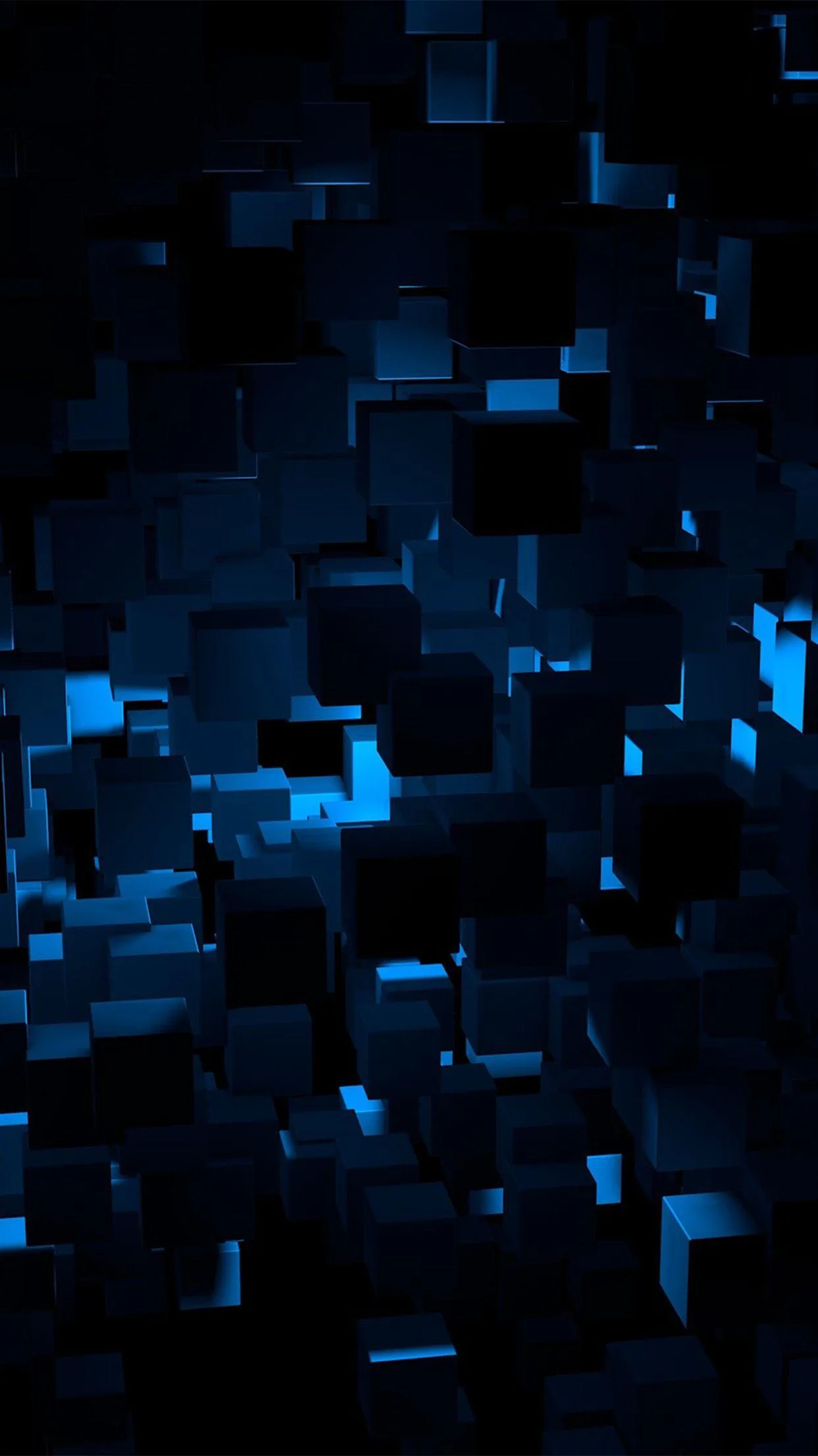 A wall of protruding dark blocks fills the frame, blue light catching random faces near the middle while the lower corners stay dim.