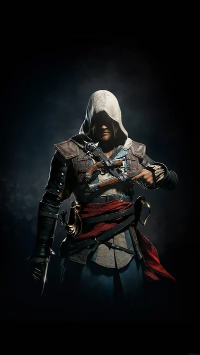 A hooded figure in a long coat and red sash stands ready with a dagger in each hand, the tall portrait frame leaving black space overhead.