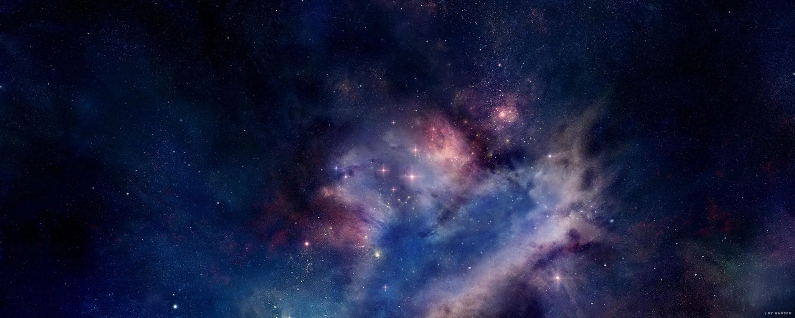 Blue star clouds fill this ultrawide view, streaked with pink and rust patches near the top centre, while the corners fall away into darker space.