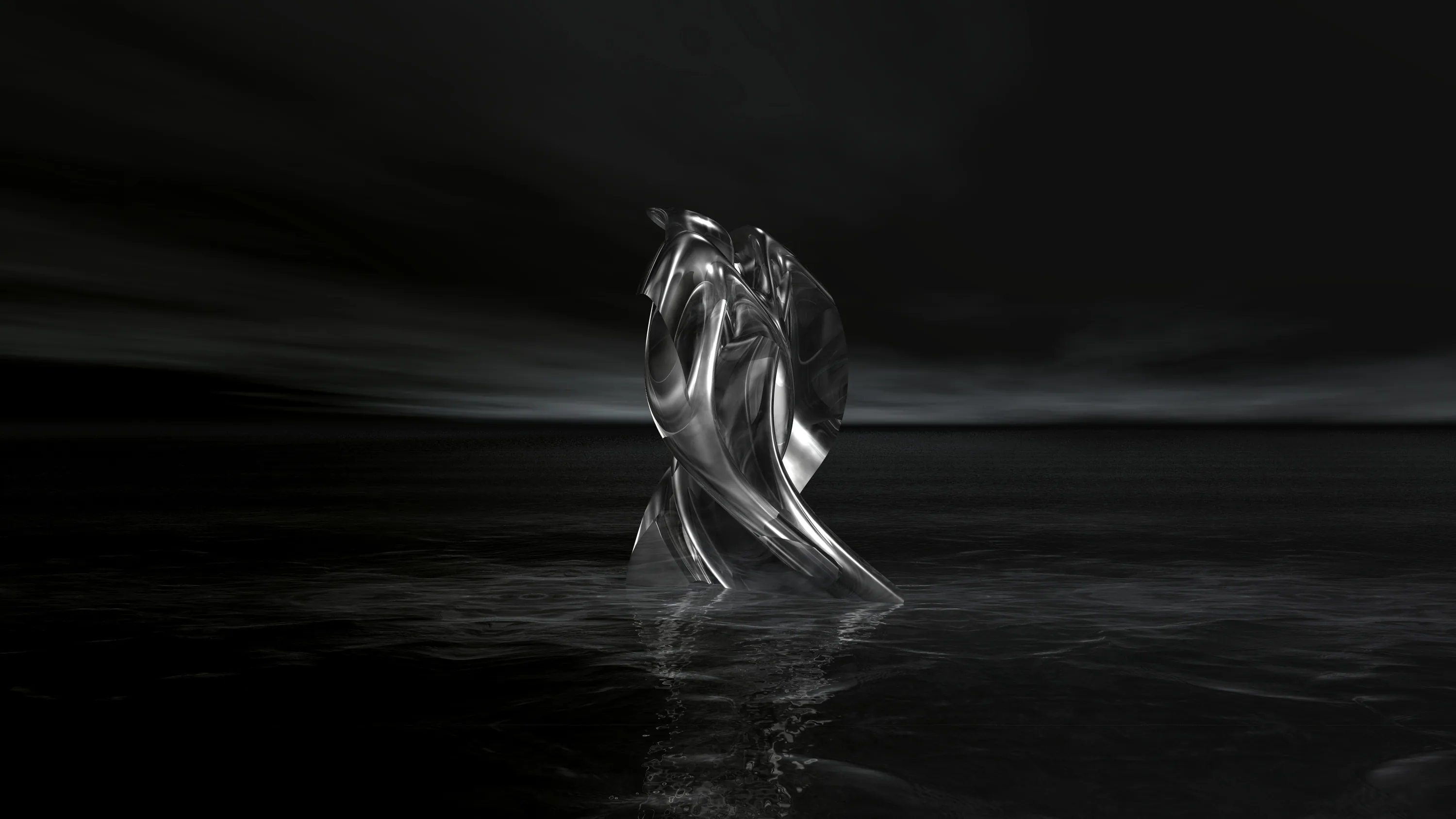 A monochrome figure stands ankle-deep in still water, wrapped in wet cloth, the horizon behind fading into a nearly black sky.