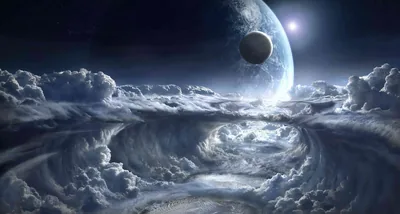 A whirlpool of moonlit cloud spirals beneath a pale ringed planet and its small dark moon, the whole scene held in cold silver-blue tones.