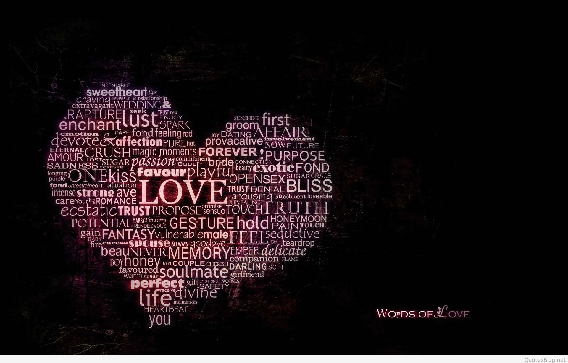Hundreds of small words to do with love pack into a heart shape in pink and violet, the largest one reading LOVE across the centre of a black field.