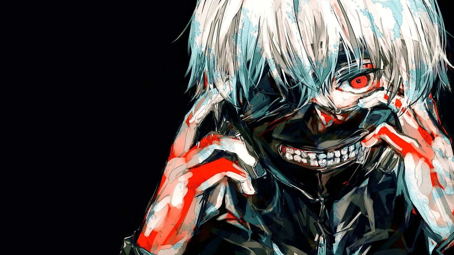 A white-haired boy pulls at a red-and-black mask over his mouth, one red eye showing, his gloved fingers streaked with red.