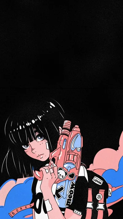 A bob-cut girl shoulders a pink toy water gun among pink clouds, the whole upper third left flat black where the lock-screen clock sits.
