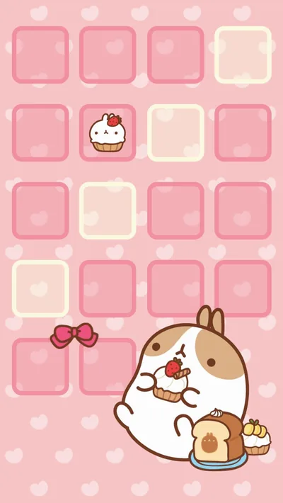 Rows of rounded squares sized for app icons cover the pink check ground, with a round rabbit eating dessert tucked into the bottom right corner.