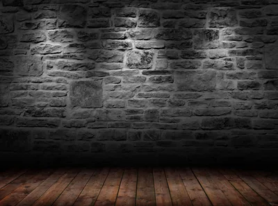 A single overhead light falls on a rough grey stone wall above warm reddish floorboards, the corners of the room left dark.