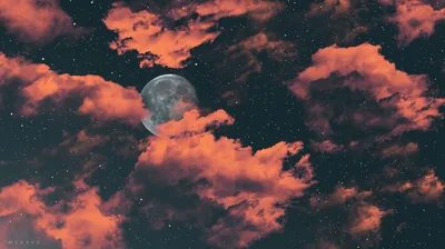 Burnt-coral clouds drift past a dimmed grey moon in a starry sky, the warm cloud colour standing out against the black behind.