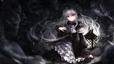 A silver-haired girl in black lace holds a lantern low, red eyes catching the flame while skulls fade into the mist behind her.