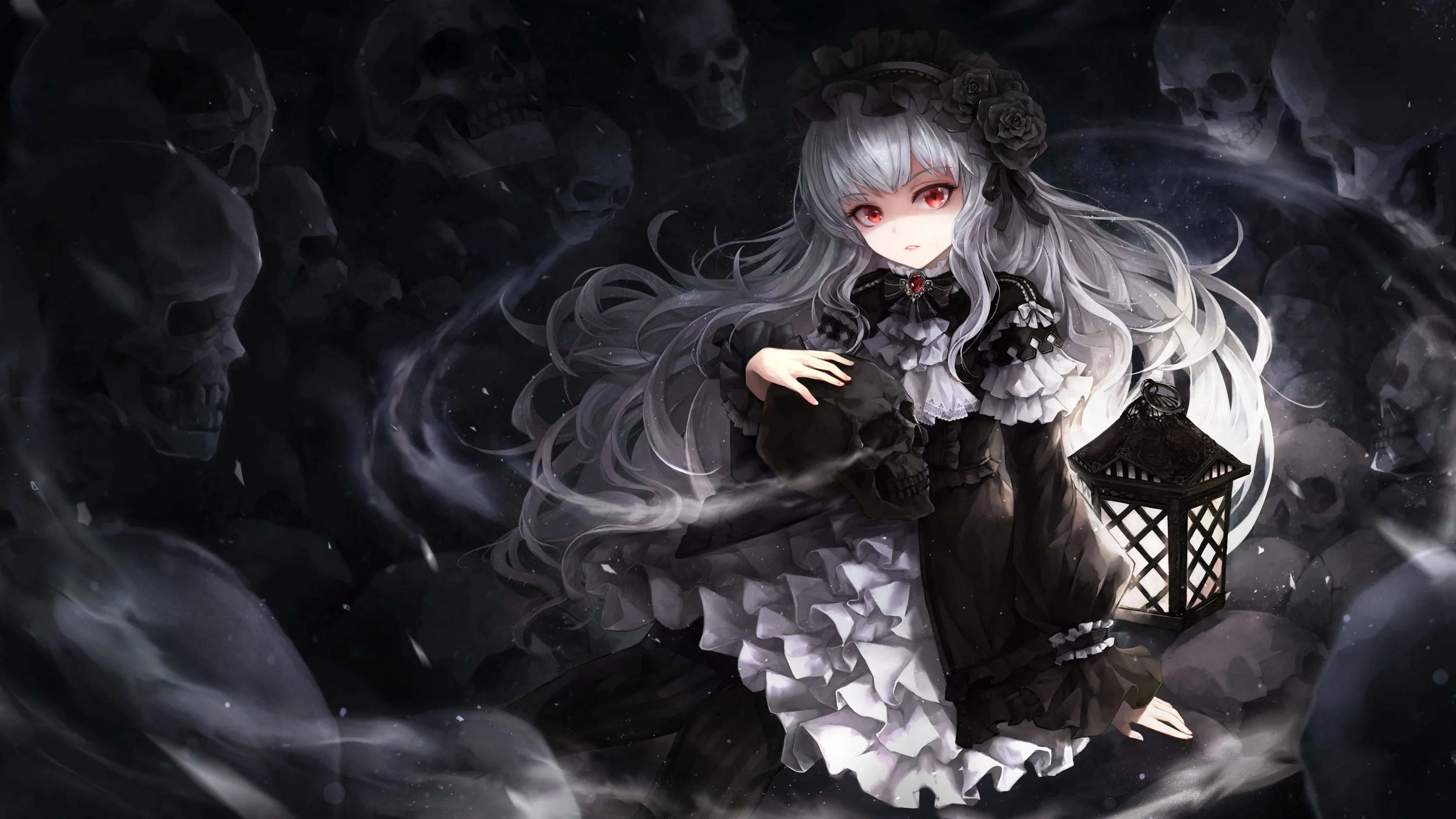 A silver-haired girl in black lace holds a lantern low, red eyes catching the flame while skulls fade into the mist behind her.