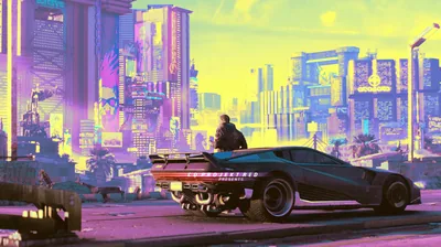 In stylised key art a merc sits on the trunk of his car above a purple road, the flat yellow sky leaving the top third clear for a clock.