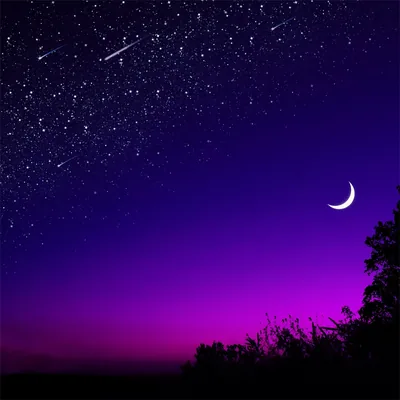 A bright crescent hangs low on the right while shooting stars streak the upper left, the sky grading from near-black into purple and magenta.