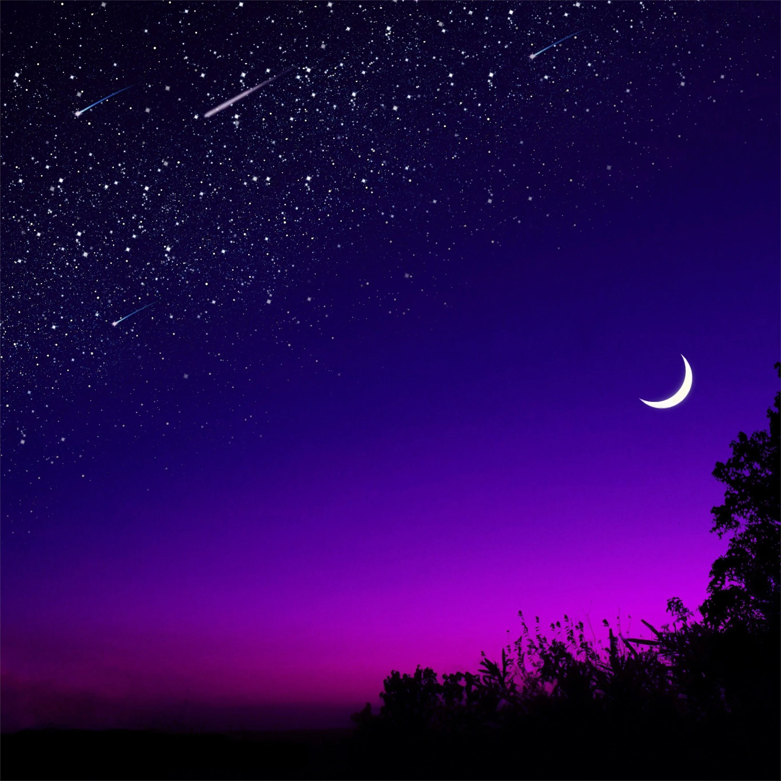 A bright crescent hangs low on the right while shooting stars streak the upper left, the sky grading from near-black into purple and magenta.