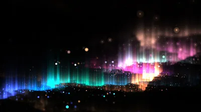 Columns of teal, pink and gold light rise like a glowing equaliser over scattered bokeh, the top strip of sky left black.