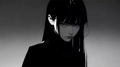 Long straight black hair, blunt bangs and a sharp stare, all rendered in soft greyscale against a smooth grey-to-black gradient.